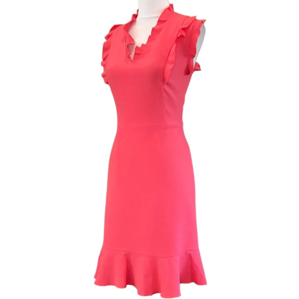 Karl Lagerfeld Ruffle Sleeveless V-Neck Flare Hem Strawberry Knit Dress Size 8 - Picture 2 of 6
